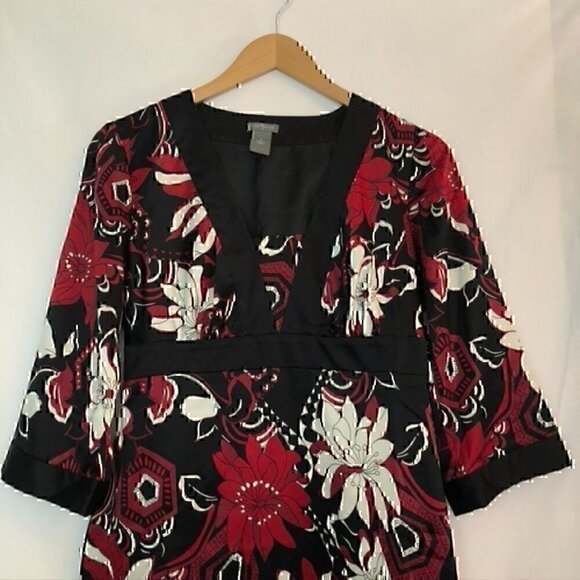 ANN TAYLOR Black Red White Multi Floral 3/4 Sleeve Knee Length Work Shift Dress - Picture 4 of 13